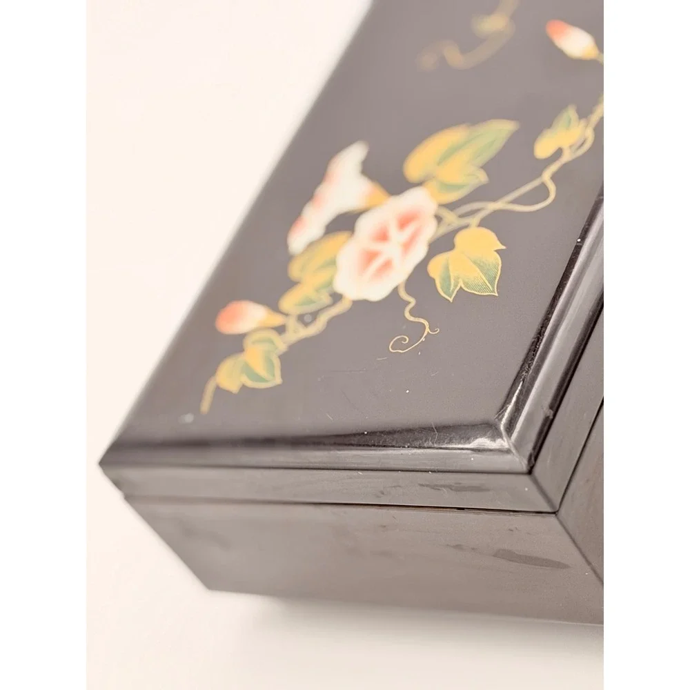Vintage Kmart Japan Black Floral Morning Glory Wind Up Music Box Trinket Case